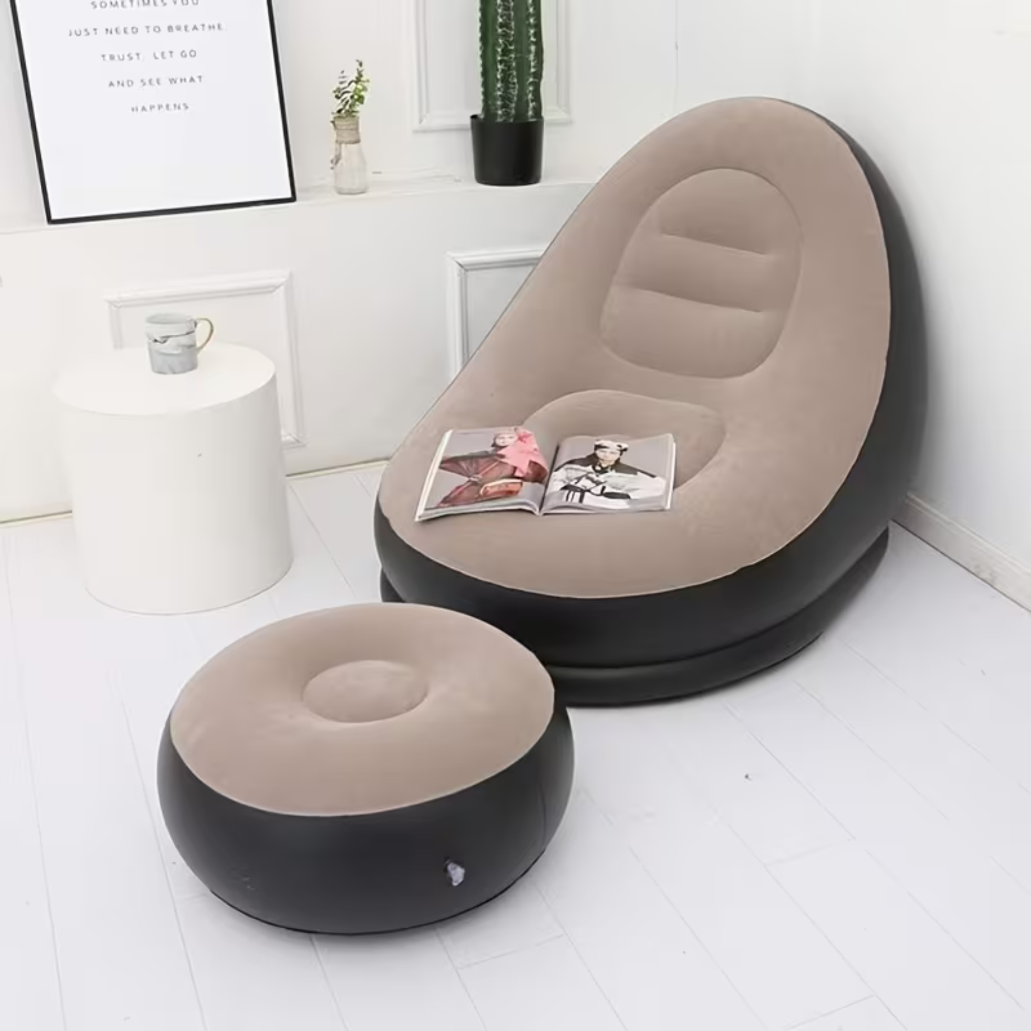 Inflatable Single Sofa with Footstool – Portable Flocked Lounge Chair for Indoors/Outdoors