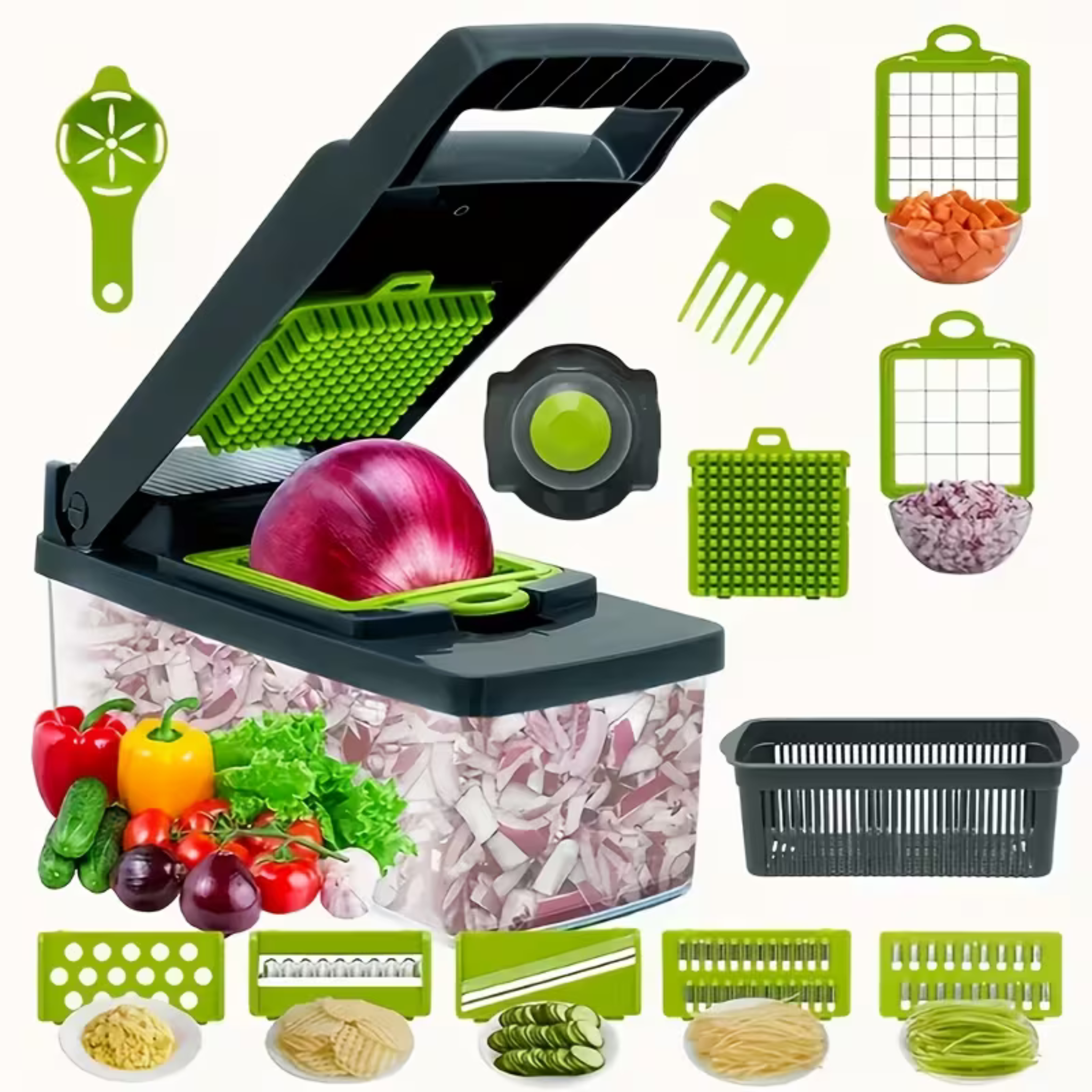 Kitchen Vegetable Chopper – 12-in-1 Dicer with Colander Basket & Hand Guard