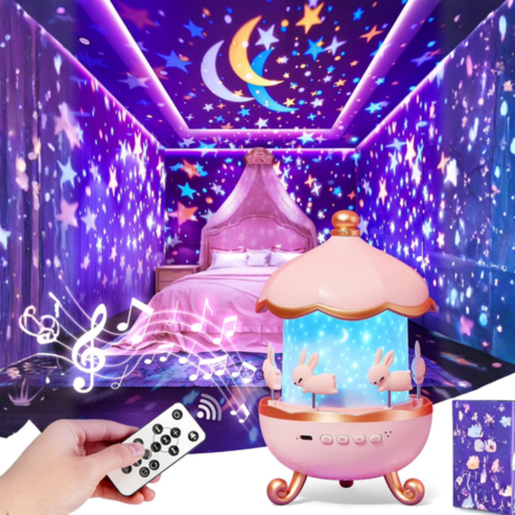 Rotating Bunny Carousel Night Light – Projection Lamp with Soothing Music