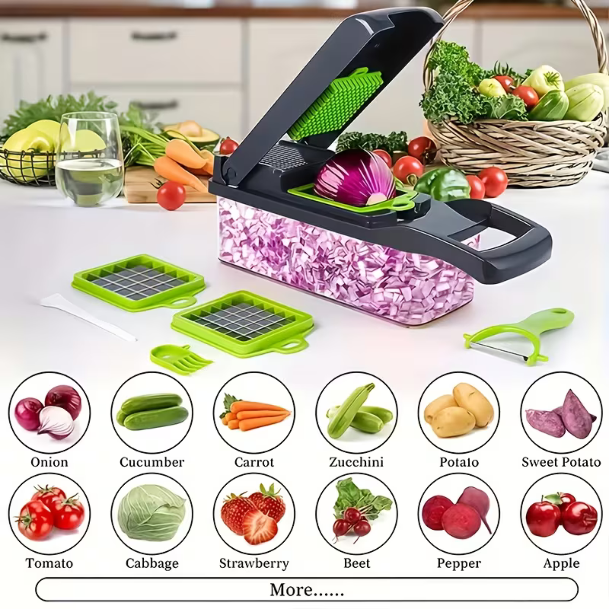 Kitchen Vegetable Chopper – 12-in-1 Dicer with Colander Basket & Hand Guard