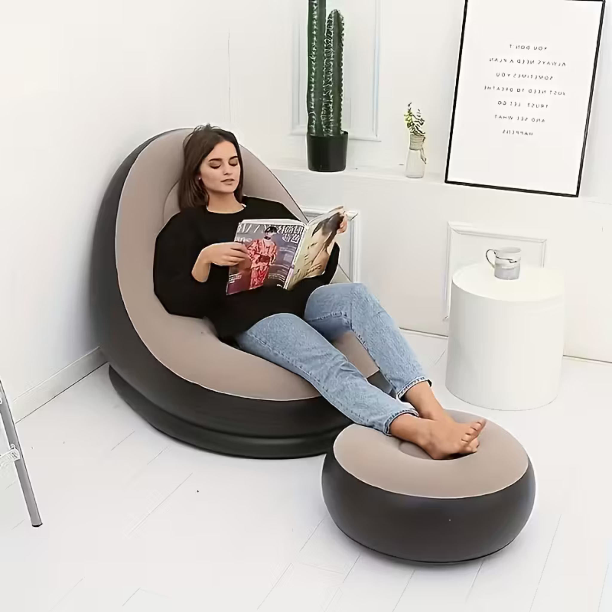 Inflatable Single Sofa with Footstool – Portable Flocked Lounge Chair for Indoors/Outdoors
