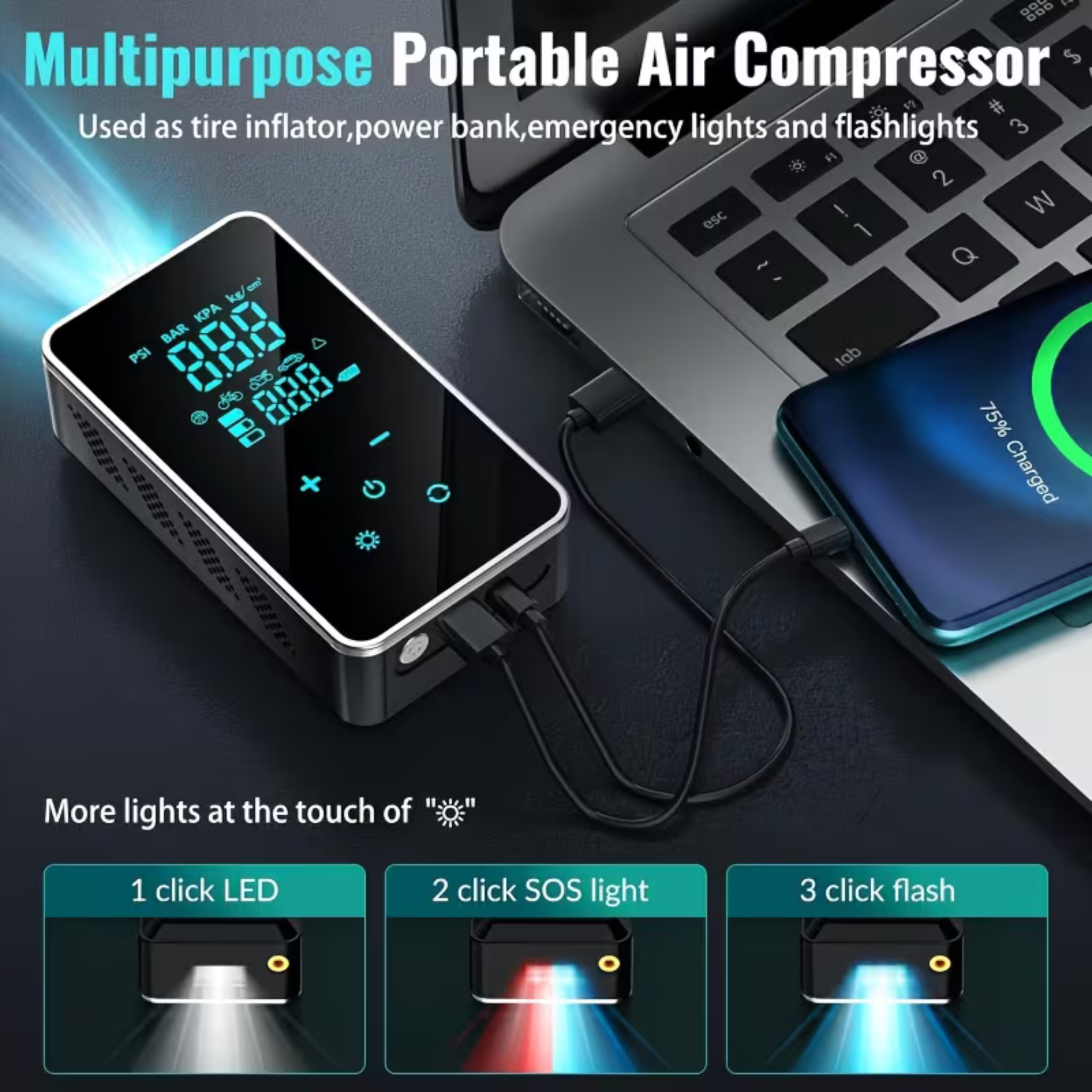 Multi-Purpose Digital Air Compressor – 150PSI Portable Pump for Cars & Bikes