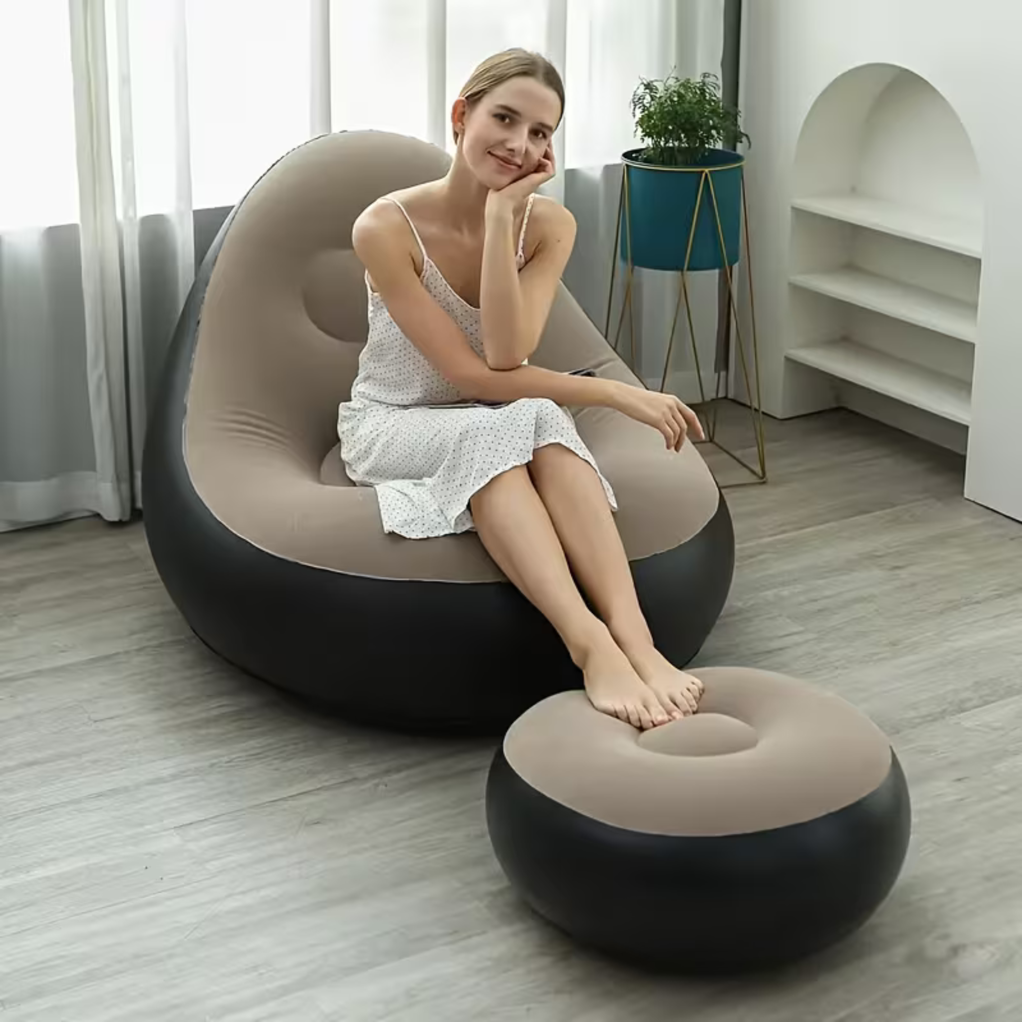 Inflatable Single Sofa with Footstool – Portable Flocked Lounge Chair for Indoors/Outdoors