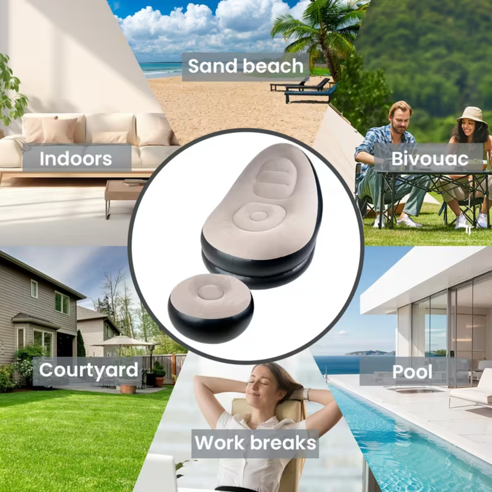 Inflatable Single Sofa with Footstool – Portable Flocked Lounge Chair for Indoors/Outdoors