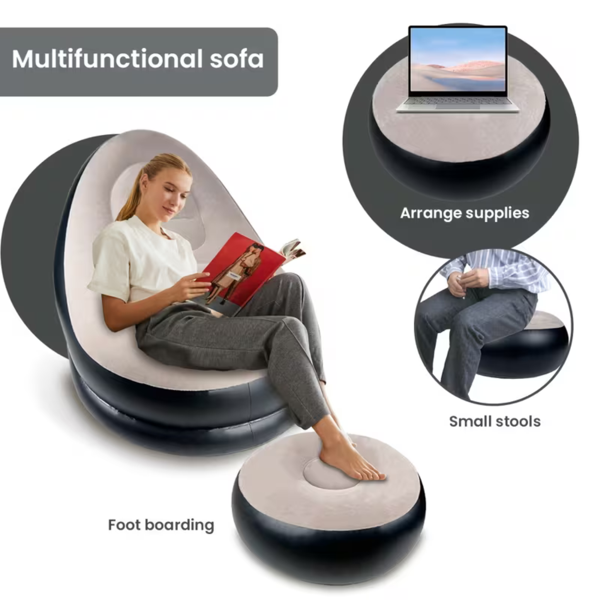Inflatable Single Sofa with Footstool – Portable Flocked Lounge Chair for Indoors/Outdoors