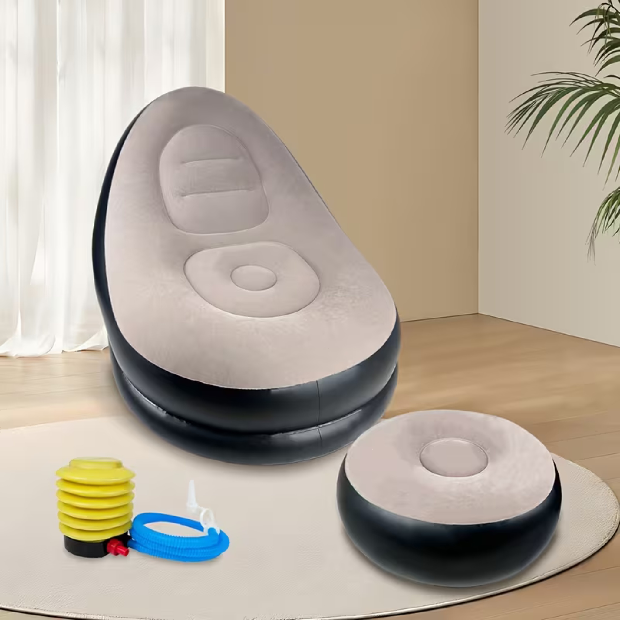 Inflatable Single Sofa with Footstool – Portable Flocked Lounge Chair for Indoors/Outdoors